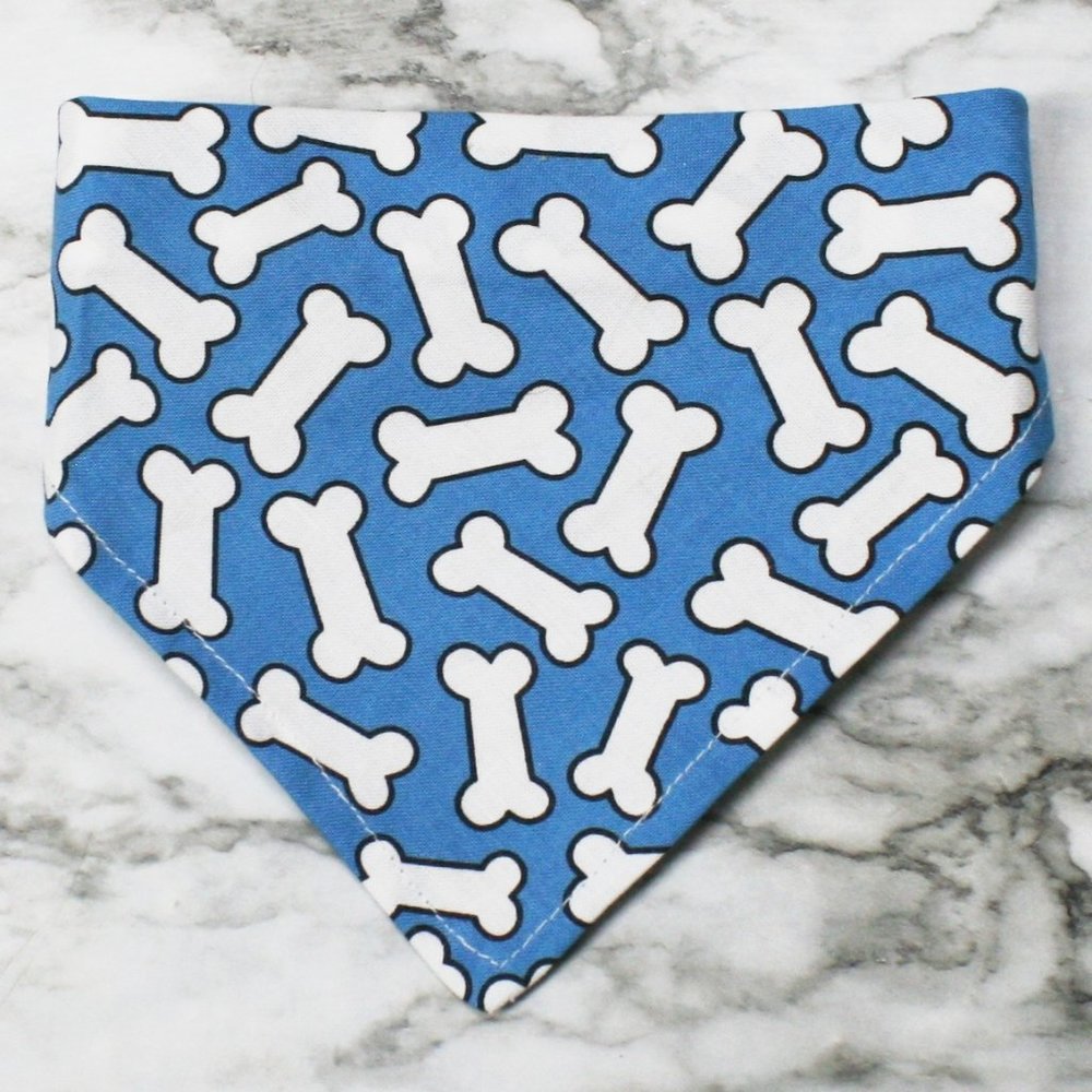 HAND CRAFTED Bandana Dog Bones White on Blue Large Print Pet Scarf Accessory